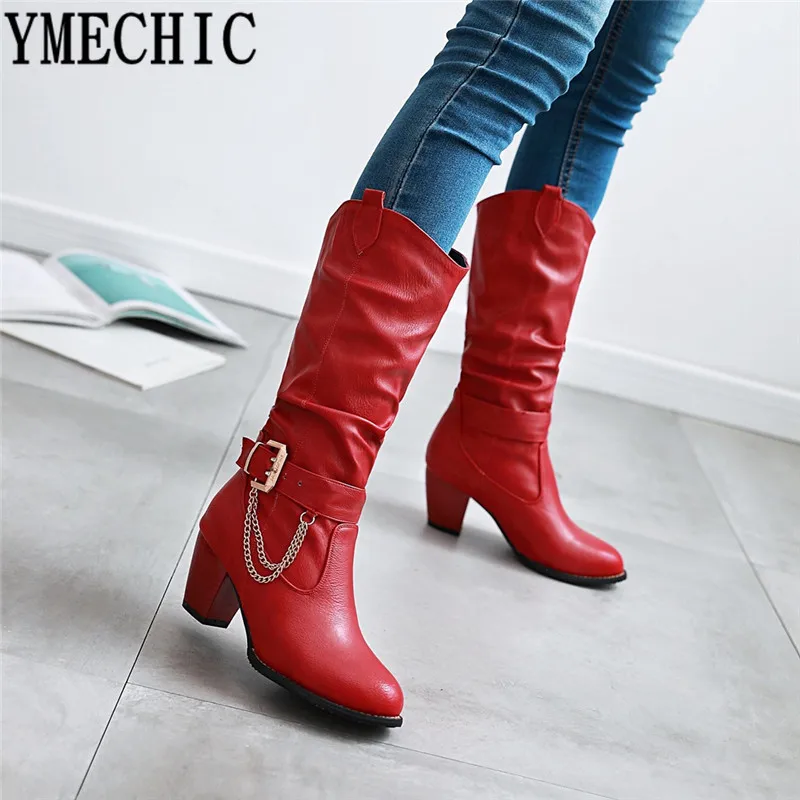 

YMECHIC 2018 Autumn Winter Mid Calf High Cowboy Boots for Women Retro Chains Buckle Strap Block High Heel Western Boots Shoes