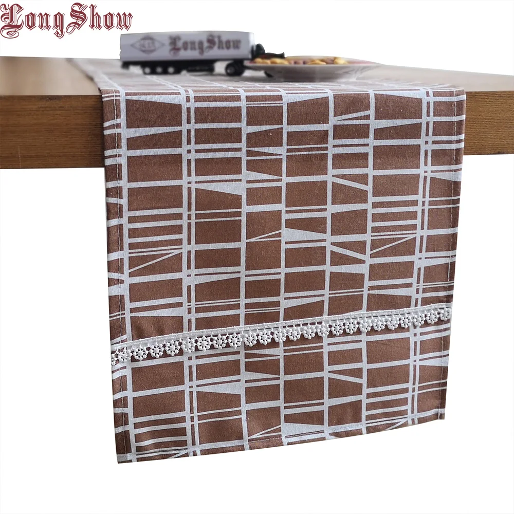 

Fresh Style Coffee Color Geometric Pattern Small Embroidered Lace Cotton Linen Table Runner For Home Decoration