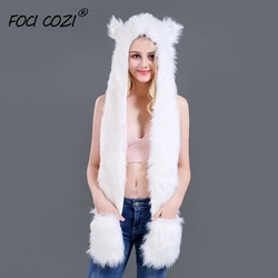 Winter 2019 New Novelty Women 3 in 1 Function Hoodie Soft Furry Cosplay Hat white Plush Hood Scarf Gloves Mittens with Paws Ears Winter 2019 New Novelty Women 3 in 1 Function Hoodie Soft Furry Cosplay Hat white Plush Hood Scarf Gloves Mittens with Paws Ears