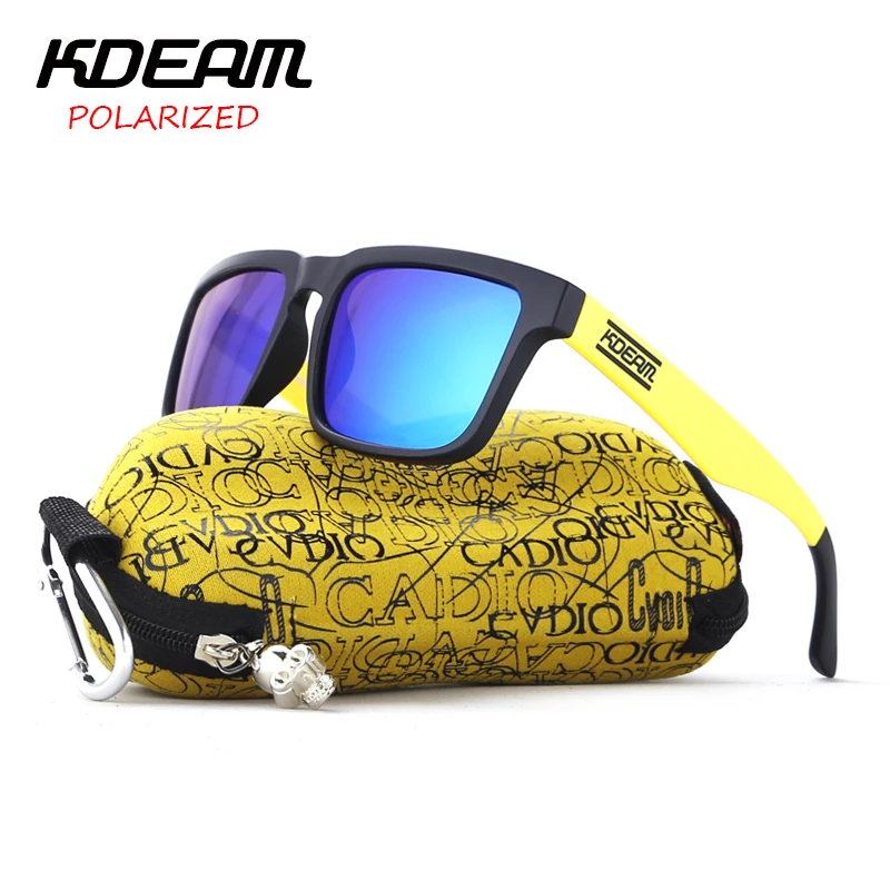 

KDEAM Sport Sunglasses Men Square Polarized Sun Glasses Black&Yellow frame HD Blue lens UV400 With Hard Case KD901P-C2