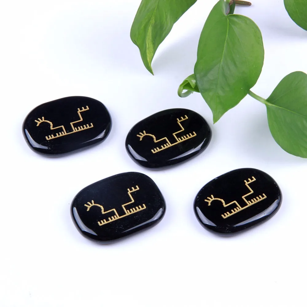 Buy 4pcs Natural Black Obsidian Quartz Engraved Chakra