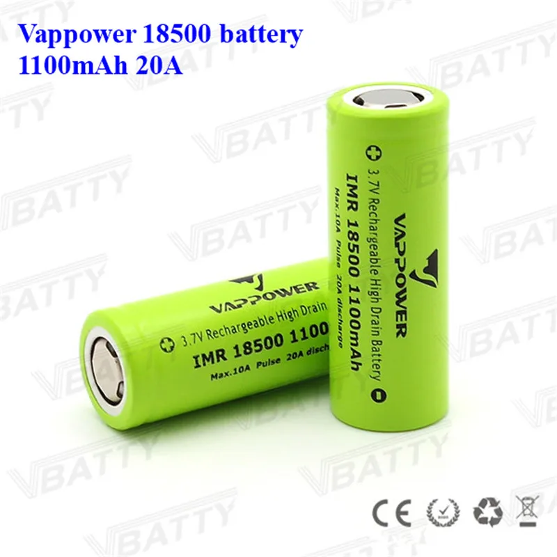 3,7 V 1100Mah IMR18500 литиевая аккумуляторная батарея Vappower 18500 1100mah 20A литий-ионная батарея для светодиодный фонариков