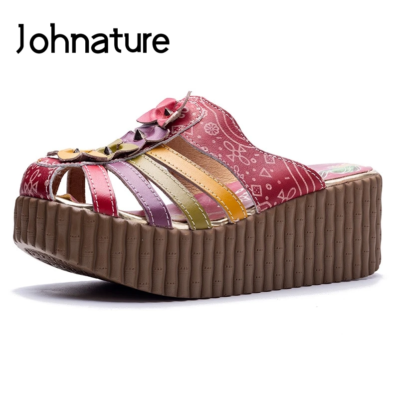 Johnature тапочки из натуральной кожи в национальном стиле; Летние босоножки на платформе с цветочным принтом; повседневные Шлёпанцы на танкетке; женская обувь