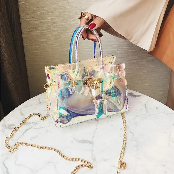 

2018 Summer women"s Korea Dongdaemun Beach Handbags Bright color Laser Transparent Platinum beach bags Women's shoulder bag