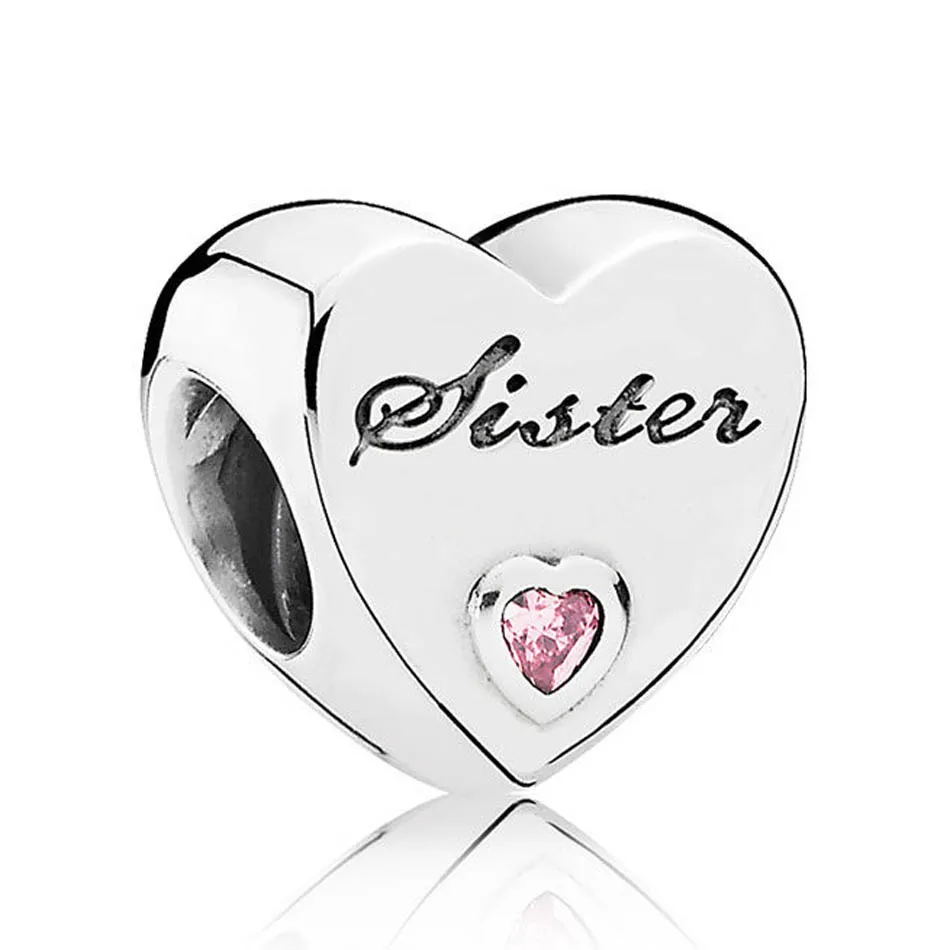 

Sister's Love Charm fit Pandora Bracelet Bangle Girl Gift Love Heart Pink CZ Bead Authentic S925 Sterling Silver DIY Jewelry