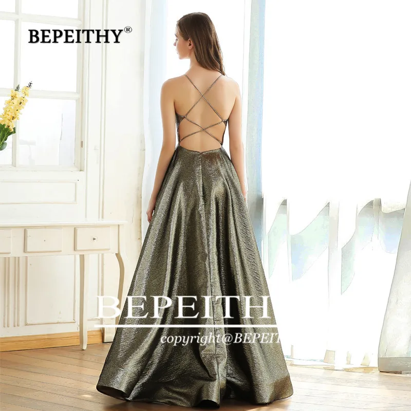 BEPEITHY сексуальные длинные платья с открытой спиной для выпускного вечера Robe De Soiree v-образный вырез блестящая ткань вечернее платье Новинка