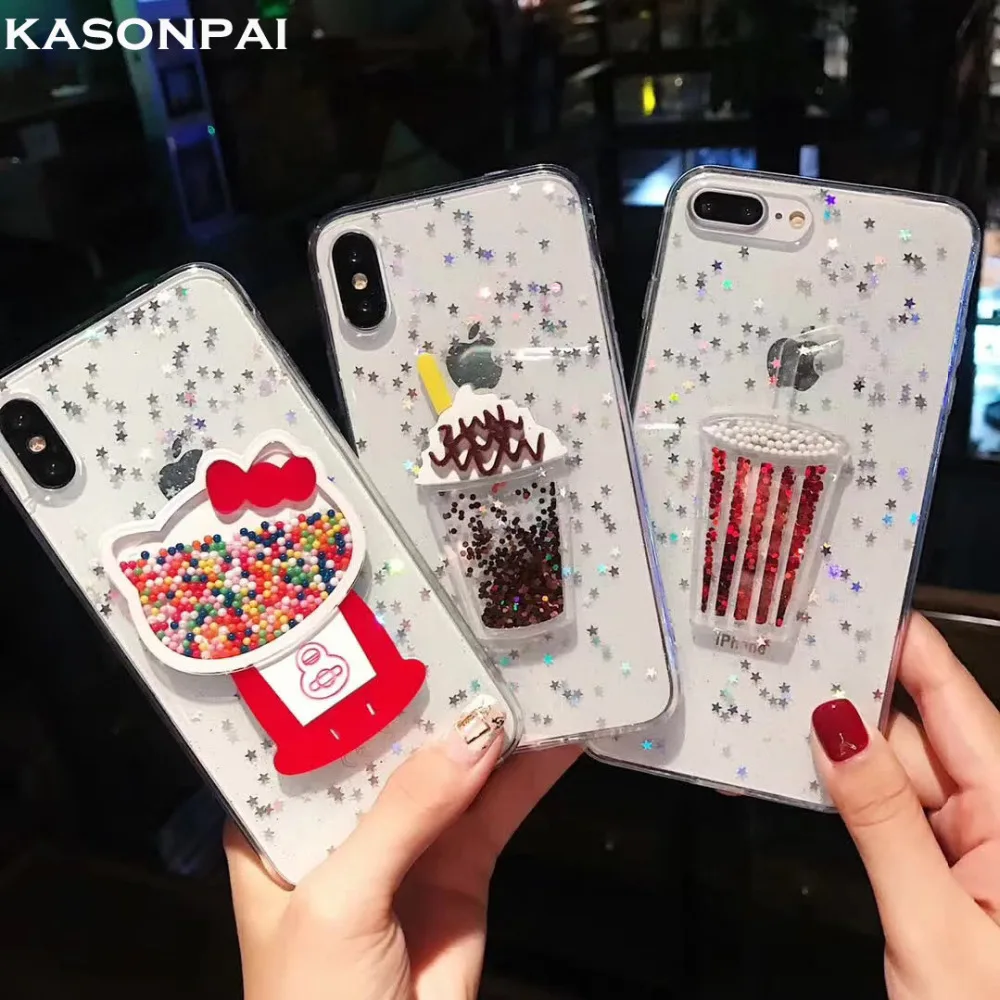 

KASONPAI 3D Lovely Ice Cream Kitty Drinks Phone Case For iPhone X 7 8 6 6S Plus Cases Shining Glitter Quicksand Soft TPU Cover