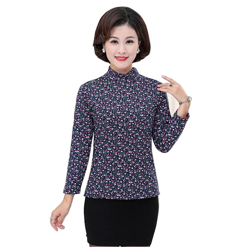

Middle-aged lady's warmth Long Sleeve Floral T-Shirt 2019 Spring Fall Middle Age Mother Clothes Loose Pullover Women Tee Shirt
