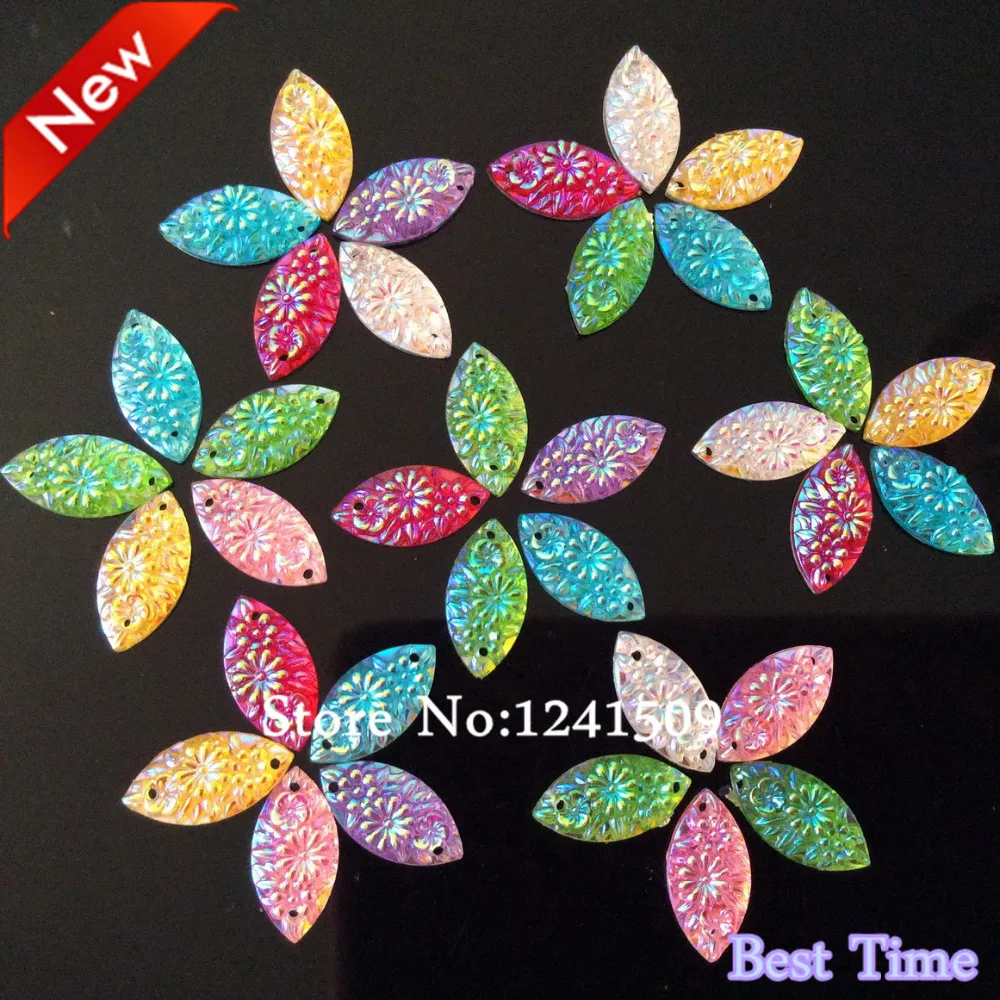 

Big Promotion 150pcs 2 Hole High Quality Flowers Marquise Shape Six flower pattern Resin Rhinestone 9x18mm Sewing Diamante B1