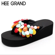 HEE GRAND/женские тапочки с бусинами на танкетке; Вьетнамки; летняя разноцветная обувь; легкие пляжные шлепанцы; женская обувь для девочек; XWT728