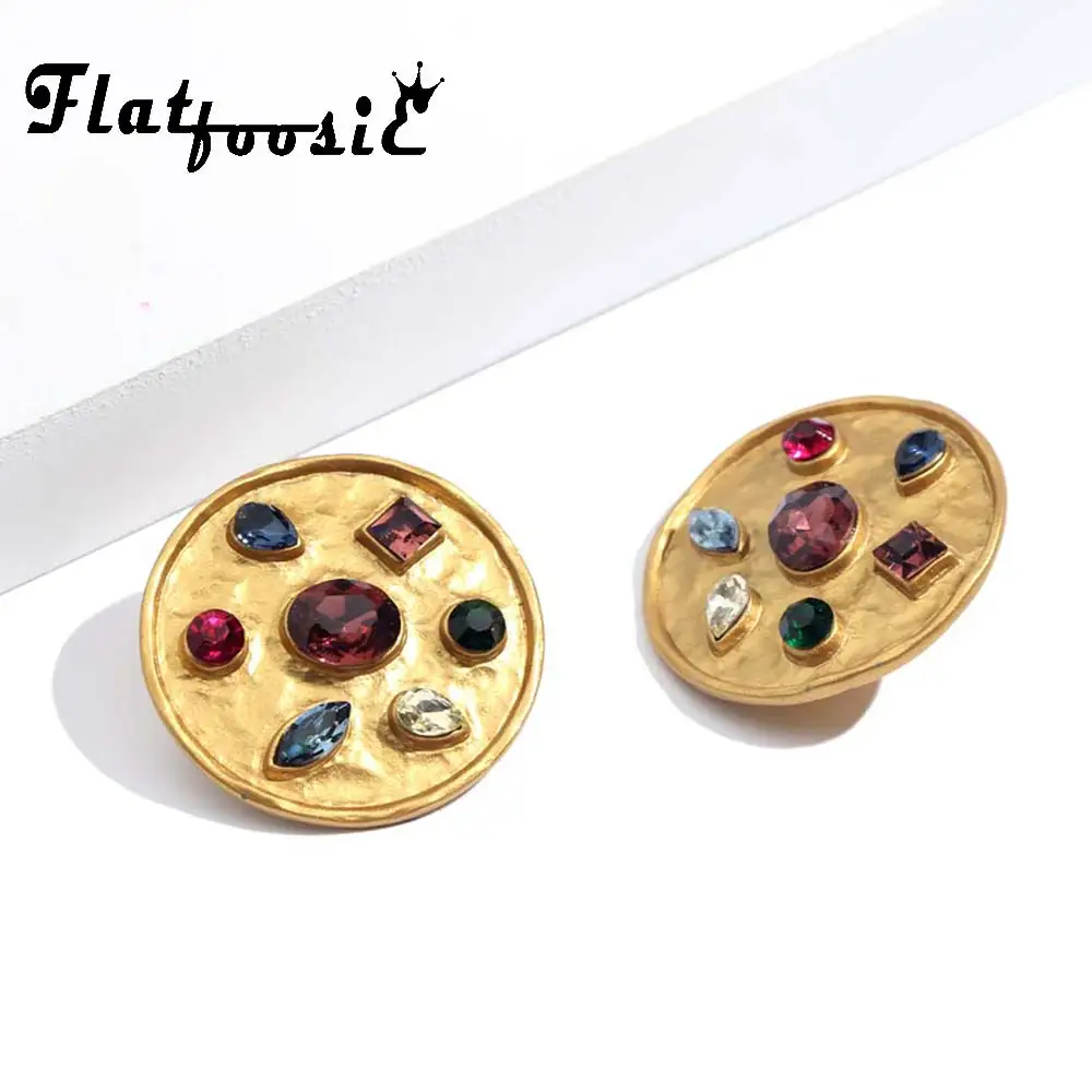 

Flatfoosie Crystal Round Big Stud Earrings Fashion New Simple Punk Gold Color Maxi Party Earring For Women Trendy Brand Jewelry