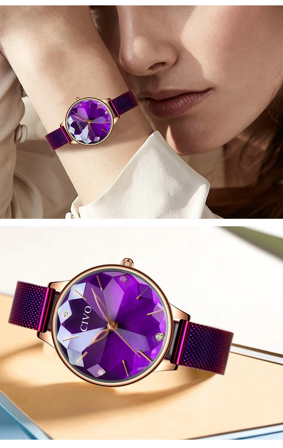 CIVO модные женские часы Топ бренд класса люкс алмаз женская одежда часы для женщин фиолетовый стальной сетчатый ремешок наручные часы