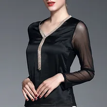 Весенние женские модные тонкие сексуальные газовые Лоскутные черные футболки с v-образным вырезом и блестками женские повседневные Популярные элегантные футболки топы футболки