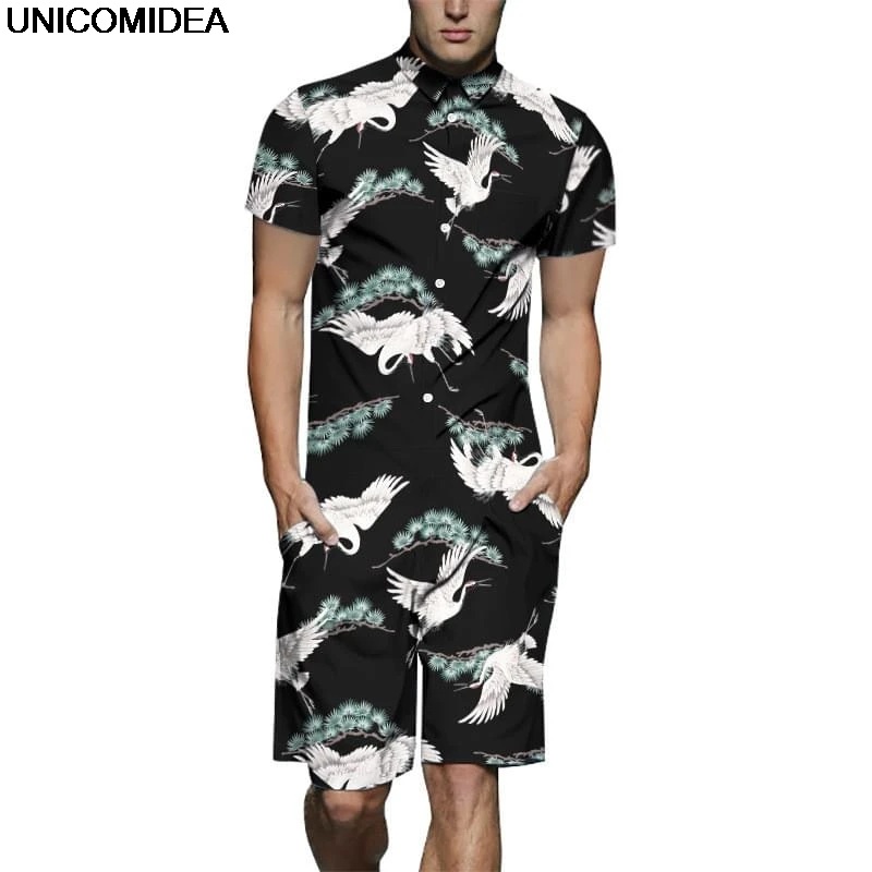 

Crane Bird Men Rompers 3D Print Jumpsuits Playsuits Harajuku Harem Cargo Overalls One Piece Jumpsuit Hawaiian Shirts Men's Sets