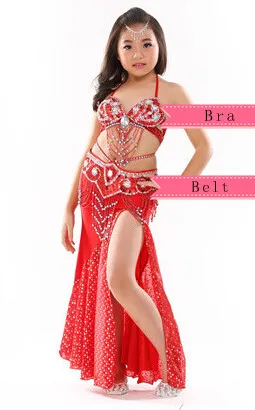 Стиль, костюм для танца живота, одежда, детская одежда для танца живота, детская одежда для индийских танцев, 2 шт.-3 шт., бюстгальтер, пояс и юбка, 8 цветов - Цвет: Red 2pcs