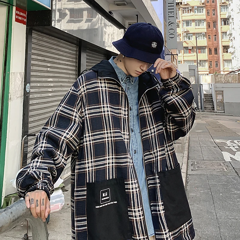 

Spring New Plaid Jacket Men Fashion Retro Casual Hooded Jacket Man Streetwear Wild Hip Hop Loose Bomber Jacket Coat Male Clothes