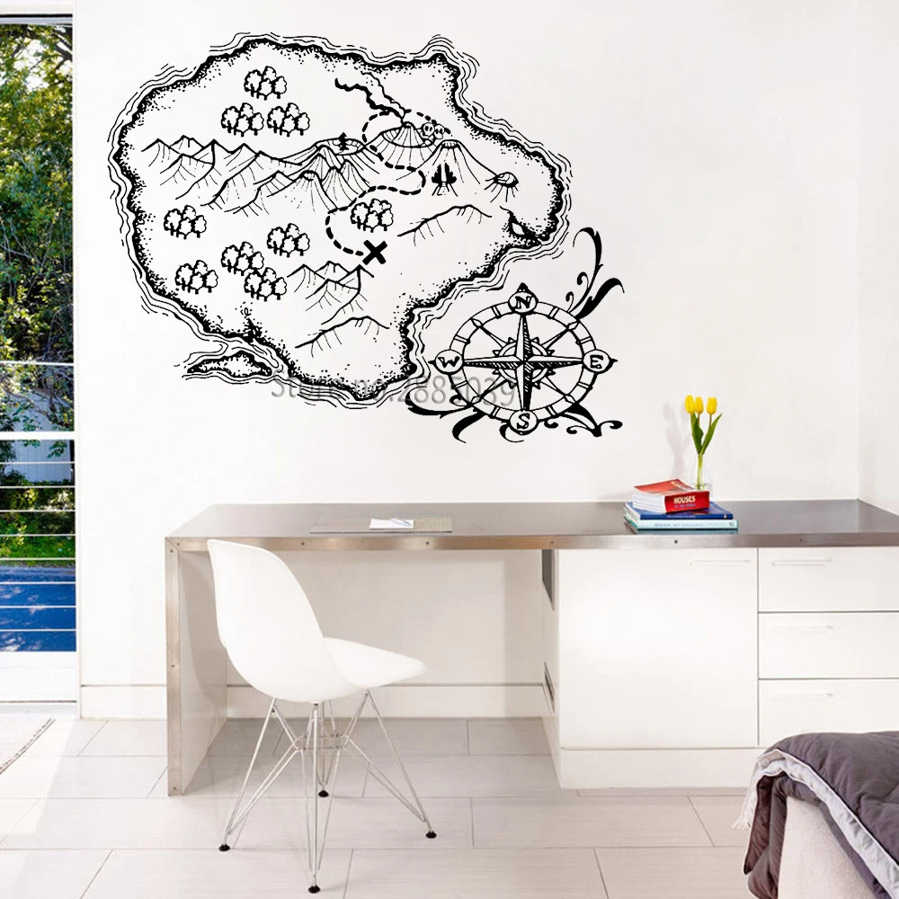 Treasure Map Island Vinyl Wall Decal Funny Sticker Travel Collection Teenager Room Decor Mural Compass Poster LC833 | Дом и сад