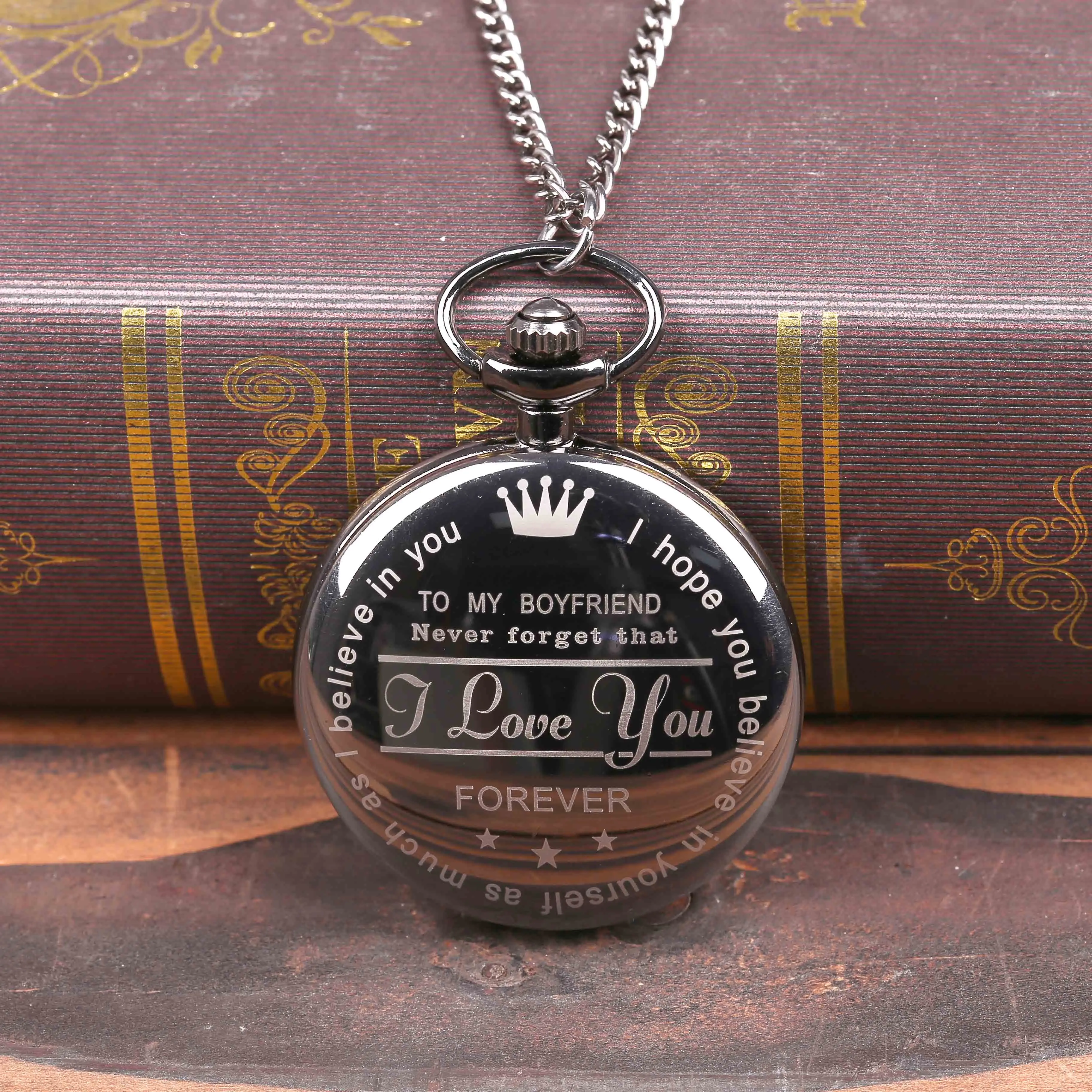

"To My Boyfriend"Retro Bronze Vintage Pocket Watch Necklace Chain Pendant Black Antique Steampunk Men Quartz Watches