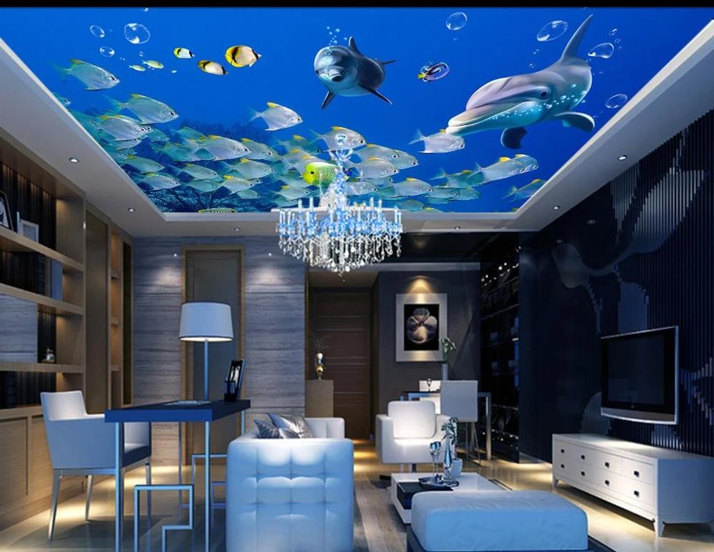 写真ショップカスタマイズされたハンガー3d壁紙天井魚イルカの写真の壁紙壁の天井 壁紙 Aliexpress