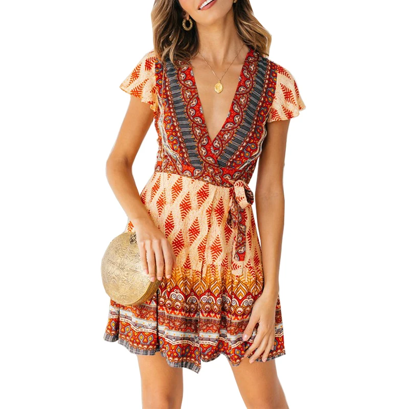 

BHflutter 2019 Mini Beach Boho Dress Floral Print Short Sleeve Sexy Party Dresses Women Fashion High Waist Casual Summer Dresses