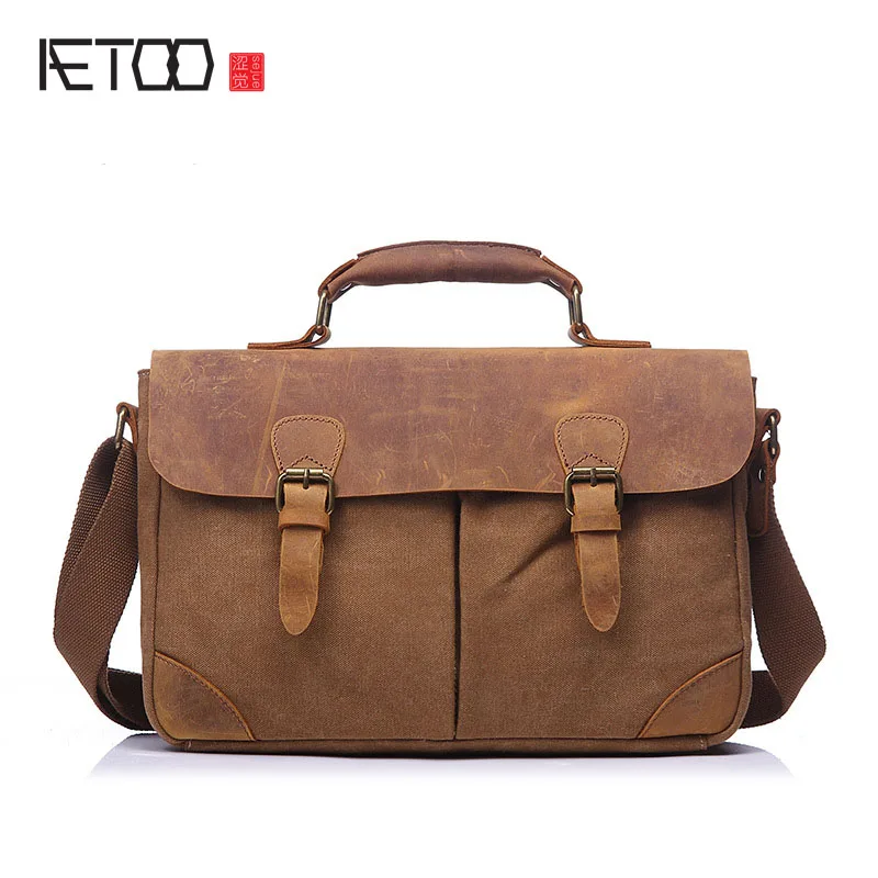 

AETOO and the United States retro leisure canvas bag men's retro portable briefcase with leather men's shoulder Messenger bag