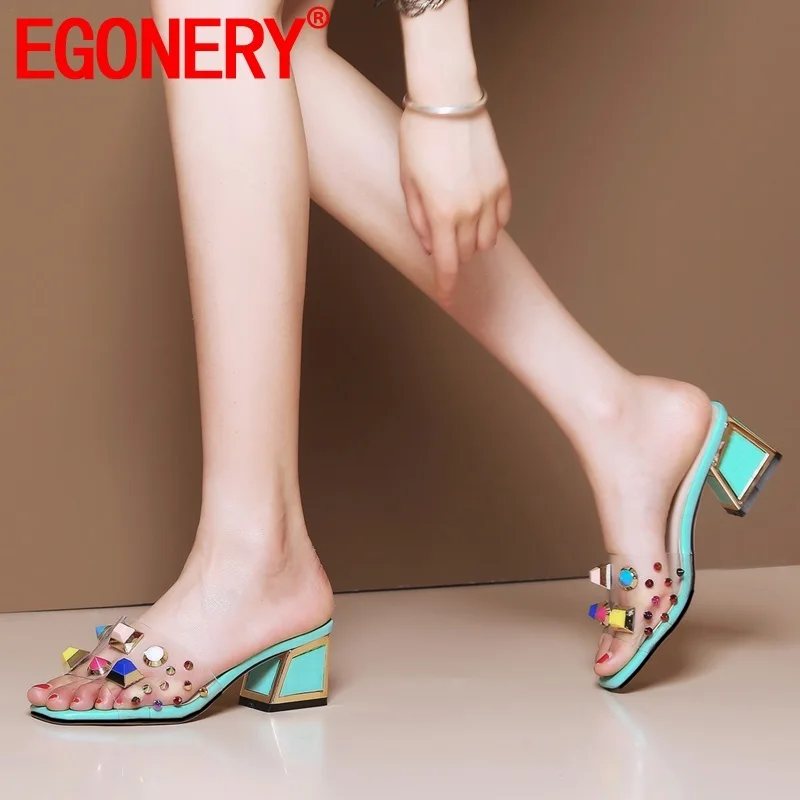 

EGONERY woman shoes 2019 summer new fashion mixed colors rivet open toe woman slippers outside high heels plus size ladies shoes
