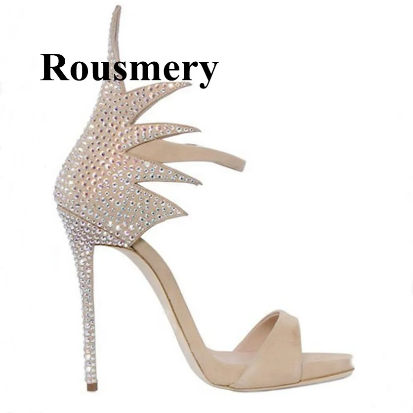 

Sexy Fahsion Personality Design Crystal Cover Heel Thin High Heel Open Toe Flock Solid Buckle Strap Summer Women Sandals