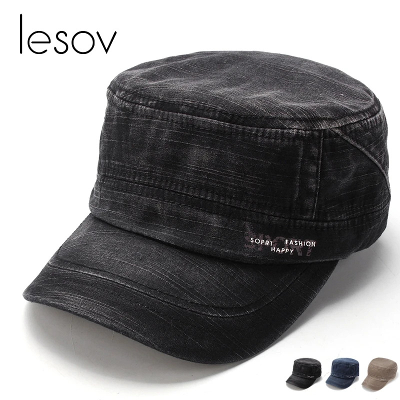Lesov Washable Cotton Blend Baseball Cap Men Women Flat Top Army Cap