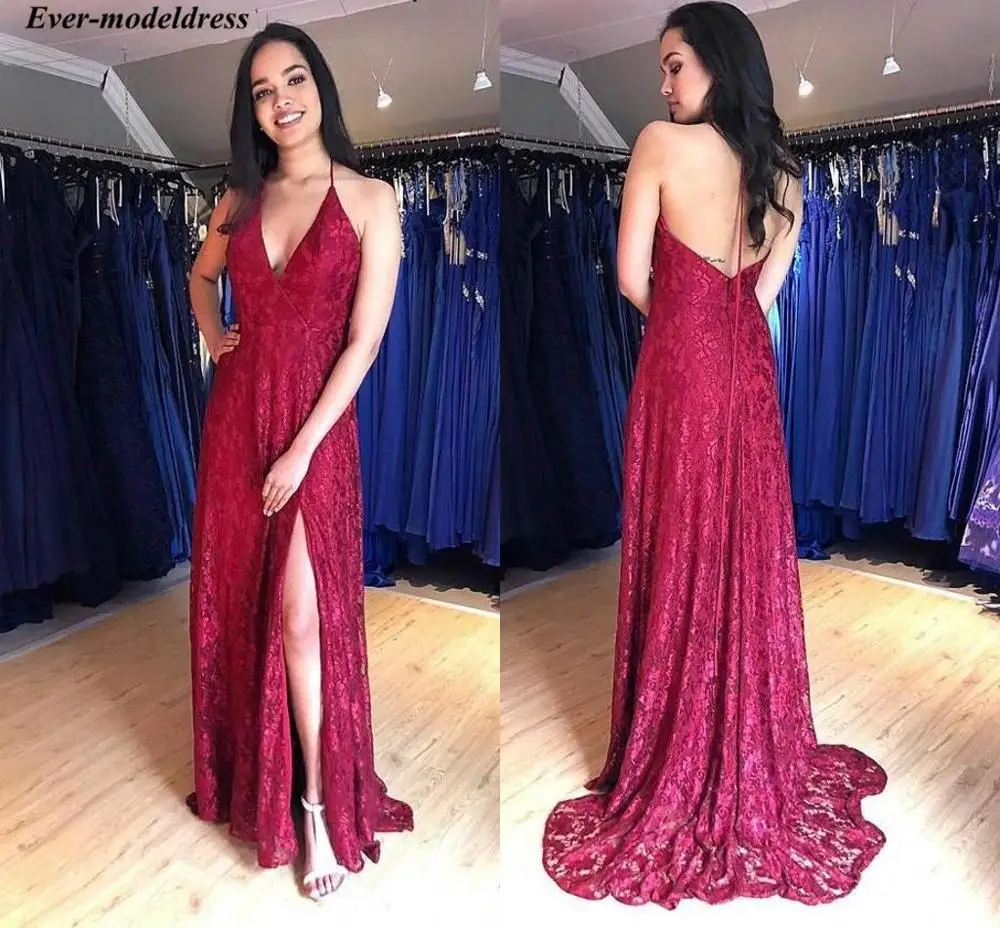 

Lace Evening Dresses 2019 Sexy Side Split Halter Neck Backless Sweep Train Burgundy Formal Gowns Party Dresses Robe de soiree