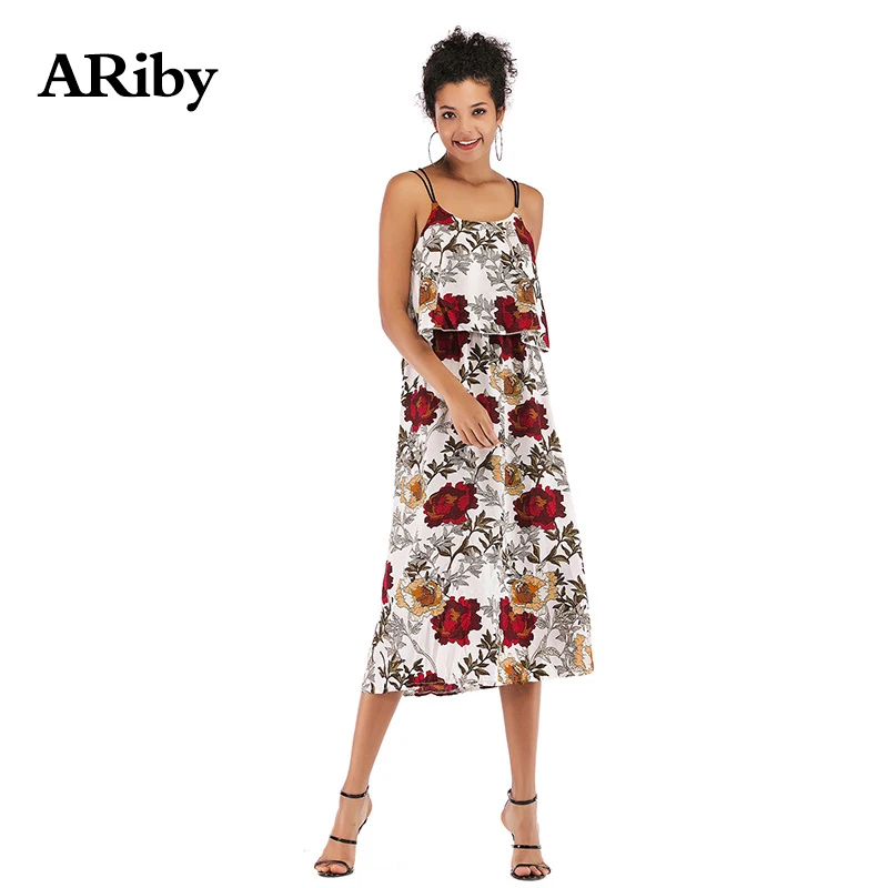Women Dress Summer Maxi Dress 2019 New Fashion Floral Print Chiffon Slim Plus Size Sleeveless Round Collar Mid-Calf Sling Dress Women Dress Summer Maxi Dress 2019 New Fashion Floral Print Chiffon Slim Plus Size Sleeveless Round Collar Mid-Calf Sling Dress