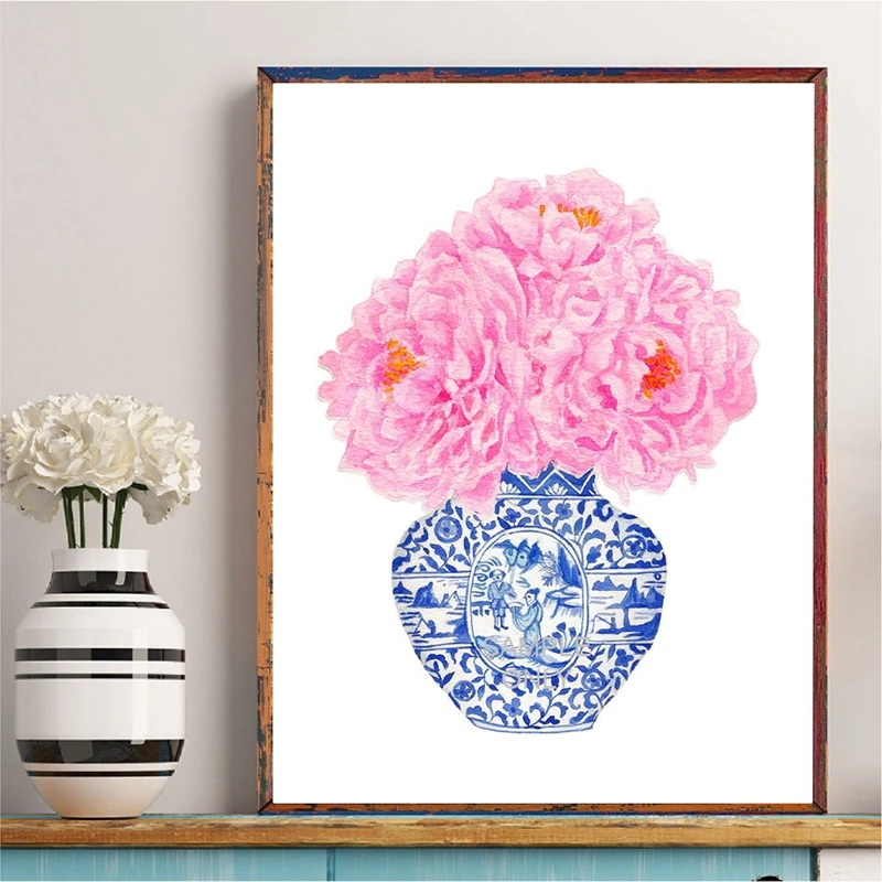 Синяя и белая китайская ваза, настенная живопись, плакаты на холсте, принт в китайском стиле, Розовый пион, картина, популярная в настоящее время, художественное украшение для дома