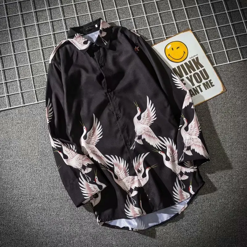

LISIBOOO New Arrival Men Printed Shirt Mens Crane Pattern Shirt Men Casual Shirts Long Sleeve Male Casual Shirt Chemise Homme