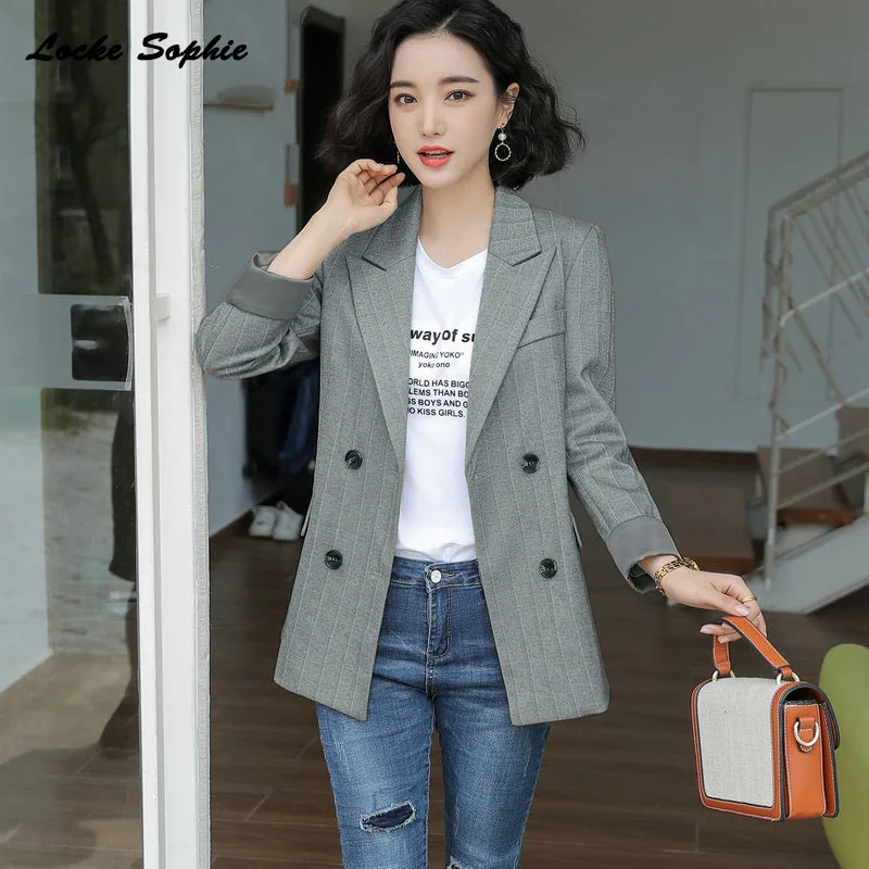 

Women's Plus size Blazers coats 2019 Autumn cotton blend stripe Double-breasted Small Suits jackets ladies Skinny Blazers Suit