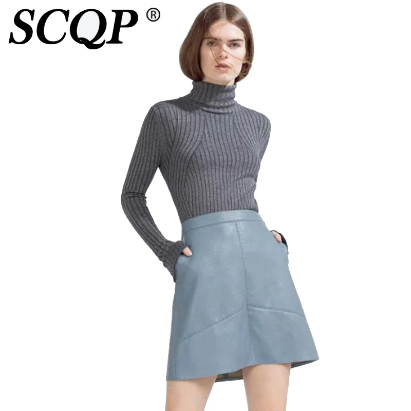 SCQP Solid Zipper Faux Leather Skirt Pockets Ladies Office Work Wear