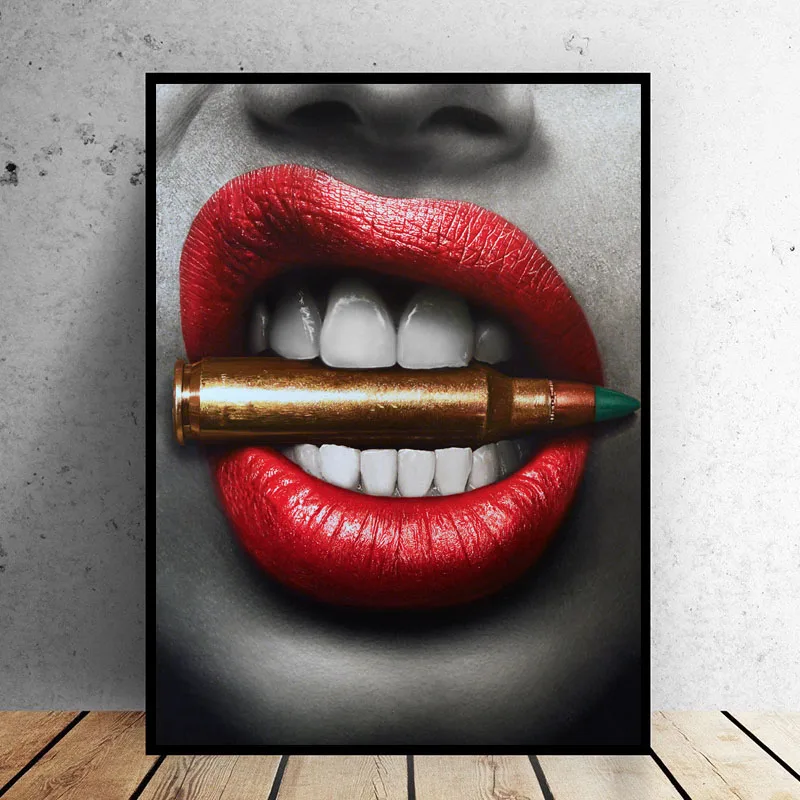 Самоотверженно Wall Art принты Плакаты сексуальные красные губы Bite Bullet и деньги Современные холст картины для гостиной Декор
