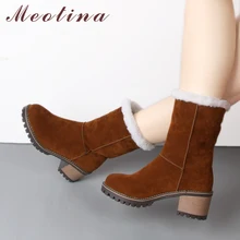 Meotina/зимние сапоги женские плюшевые сапоги до середины икры сапоги на платформе на высоком каблуке зимняя женская обувь теплые бежевые сапоги с круглым носком, размеры 34-43
