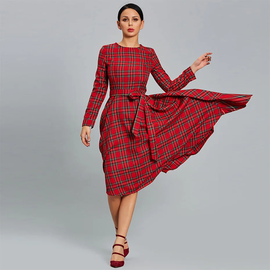 Young17 Vintage Dresses Women 2018 Red Long Sleeve Plaid Patchwork
