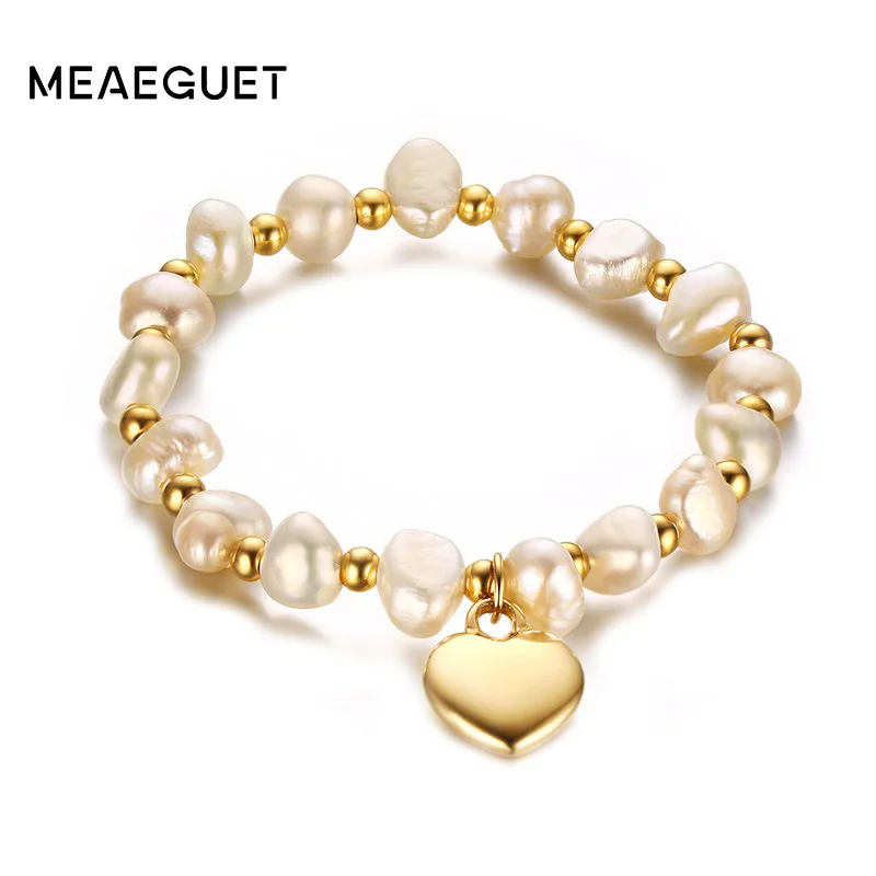 Meaeguet Cute Heart Charm Freshwater Pearls Bracelet For Women High Polished Stainless Steel Beaded Bracelet Band Meaeguet Cute Heart Charm Freshwater Pearls Bracelet For Women High Polished Stainless Steel Beaded Bracelet Band