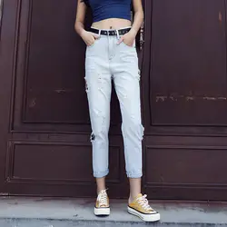 Женская летняя Корейская Высокая талия рваные джинсы женские хип хоп Уличная джинсы тонкие повседневные ковбойские брюки