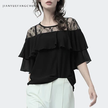 

Double Layered Draped Black Chiffon Top Hollow Out Off Shoulder Sling Blouse Lace Neck Short Sleeve Summer School Women Blouses