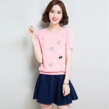 Женская летняя футболка с коротким рукавом из льна, топы, женская футболка с коротким круглым вырезом, безрукавки с вышивкой