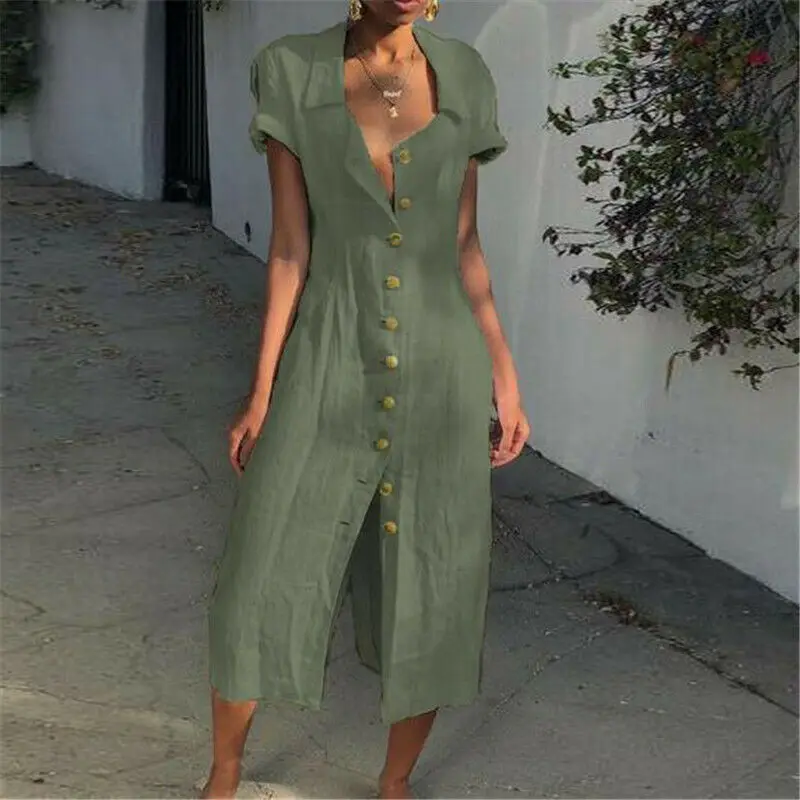 

Womens Sexy Bodycon Casual Lapel Short Sleeve Button Linen Cotton Evening Party Beach Dress Long Maxi Sundress