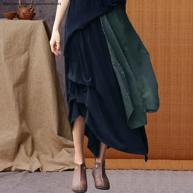 

Retro Loose Asymmetric Splice Long Skirt Women Summer Cotton Linen Elastic Waist Skirts Womens