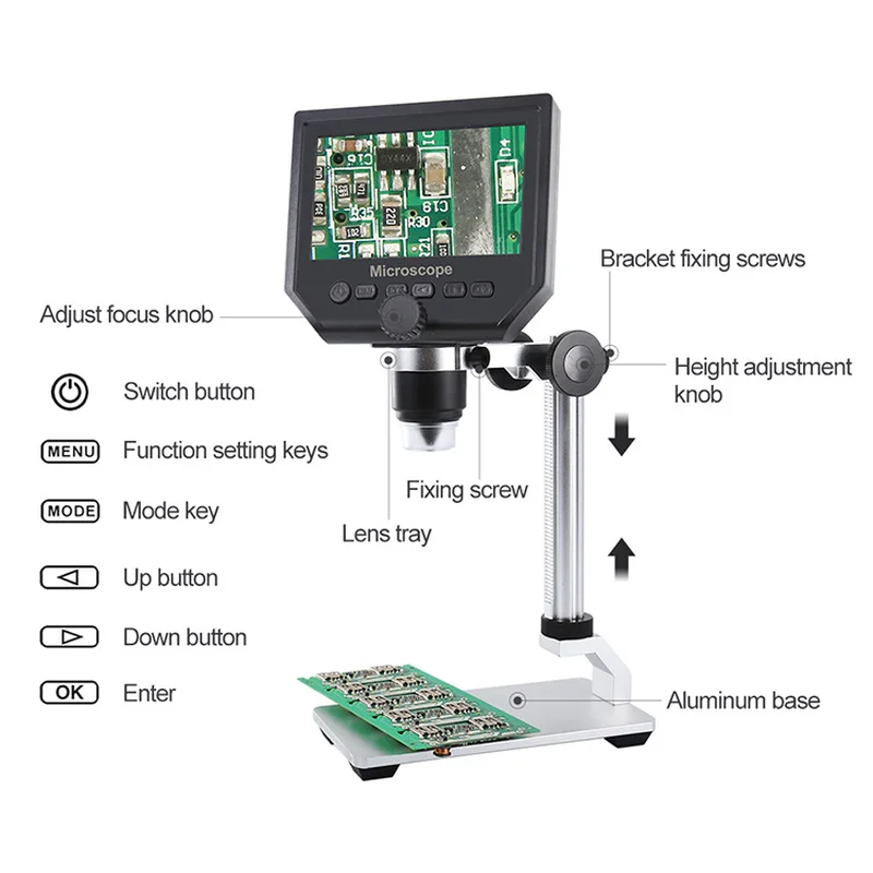 

USB Digital Electronic HD Microscope 1-600x 3.6MP Portable 8 LED VGA Microscope with 4.3" HD OLED Screen for PCB Board Repair