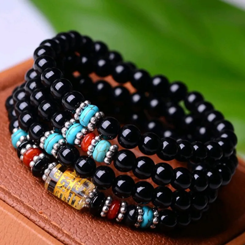 Natural Onyx Bracelet Black Buddha Onyx Stone 108 Bracelet Women Handmade Accessories,Tiger Eye multi-turn Bracelet For Women