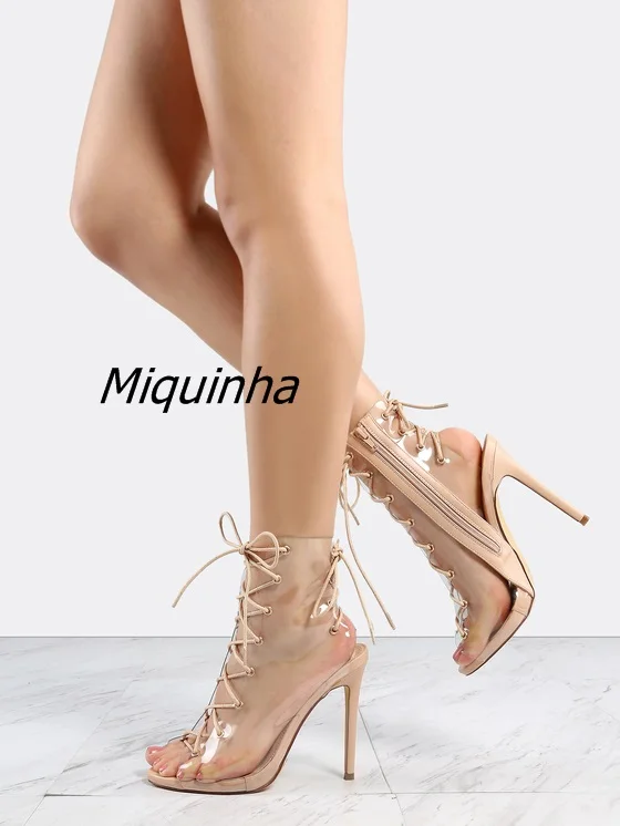 

Fancy Design Lace Up Transparent Sandal Booties Sexy Slingback Stiletto Heel Boots FashionWomenCross Strap High Heel Dress Shoes