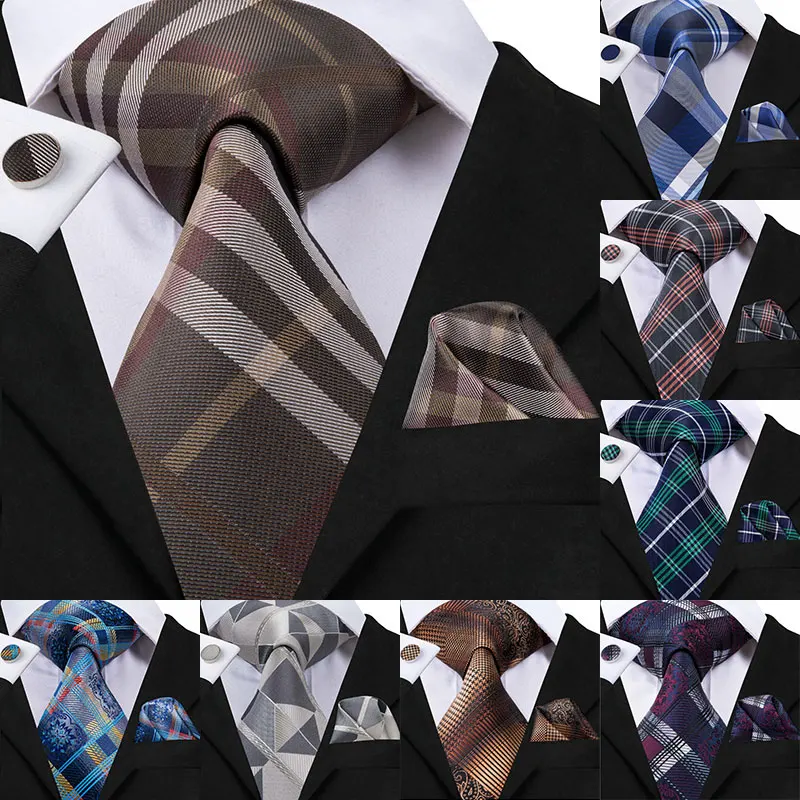 C 3014 Men Tie Silk Woven 8.5cm New Plaid Grey Brown Blue Necktie Hanky