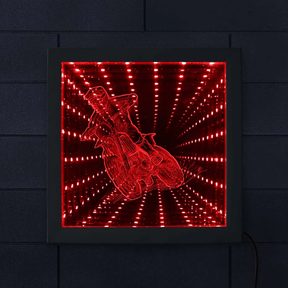 Dirt Bike LED Vortex Tunnel Interstellar Mirror Wood Frame Motocross Rider Infinity Motorcycle Racer Accessories Gift | Дом и сад
