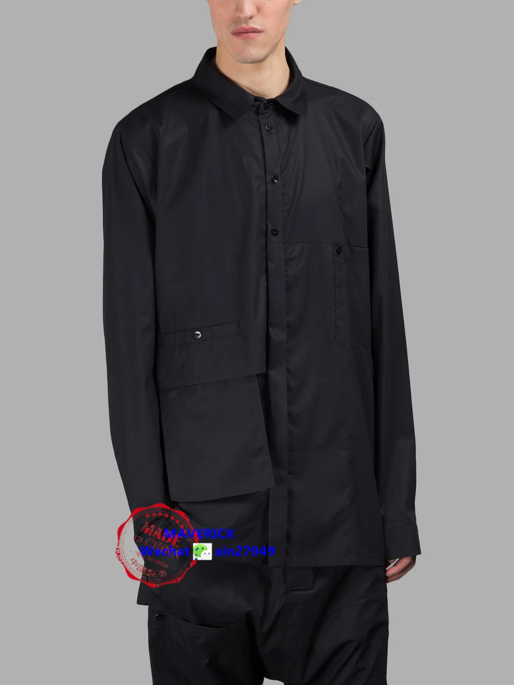 men's Spring and summer runway individual pocket layers patchwork shirt irregular deconstruction patchwork shirt - Цвет: Белый