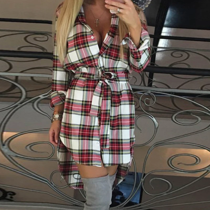 Fashion Women Blouses Long Sleeve Plaid Shirts Turn Down Collar Shirt Casual Ladies Tops Tunic Feminine Irregular Blouses LJ5932